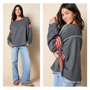 NATURAL LIFE Knit Trim Sweatshirt Charcoal Gray, Sz S/M